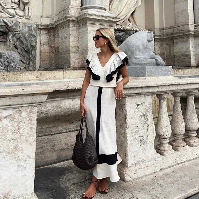 Two Piece Dress Elegant Contrasting High Waist Midi Skirt Suit Women Patchwork V Neck Backl Ruffles Crop Top 2 Pieces Set Summer Lady Outfits Y250315W