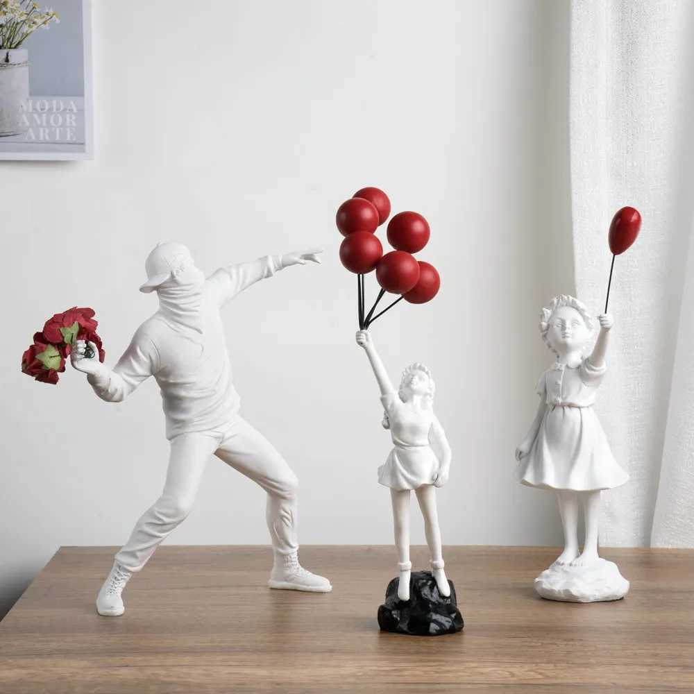Vilead Banksy Sculpture Collection Flower Throwing Statue Pop Art Modern Balloon Girl Statue Office Home Decoration Street Y250315