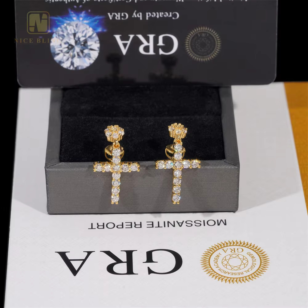 Original Design Men Women Hip Hop Ear Studs 925 Sterling Silver VVS Moissanite Diamond Iced Out Cross Stud Earring for Women