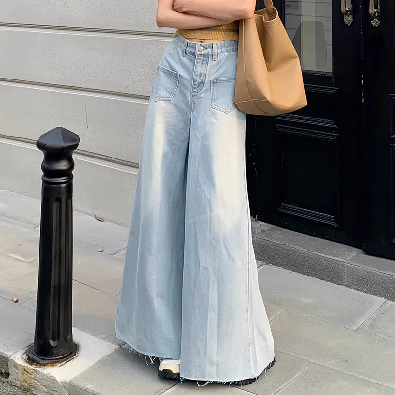Womens high waisted retro er wide leg jeans womens Gothic loose straight leg pants womens blue light blue denim shorts 250314