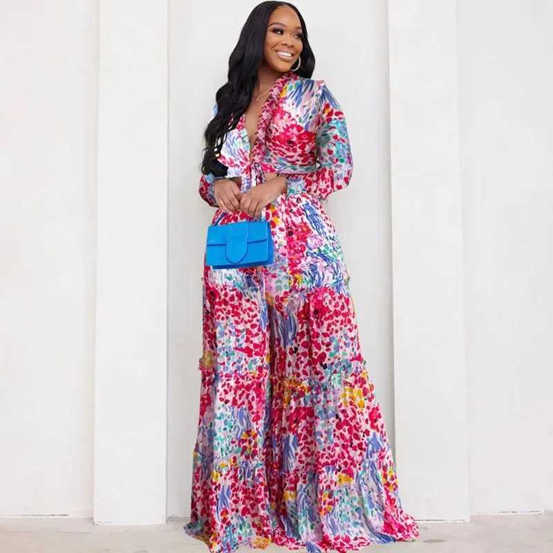 Women's Two Piece Pants Flower print 2-piece set for womens elegant lace top loose wide leg pants holiday Bohemian pairing set Y250315UDVC