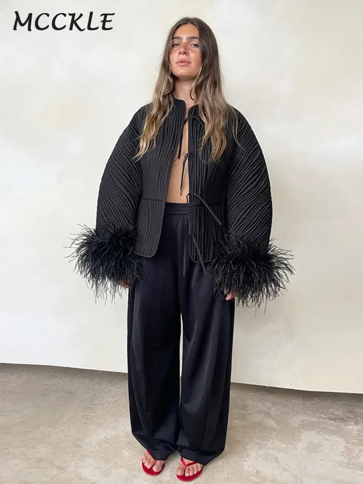 Fashion Feather Cuffs Cotton Womens Coat Tassels Long Sleeve O-neck Lace Up Female Jacket Autumn Street In Outerwears 250314