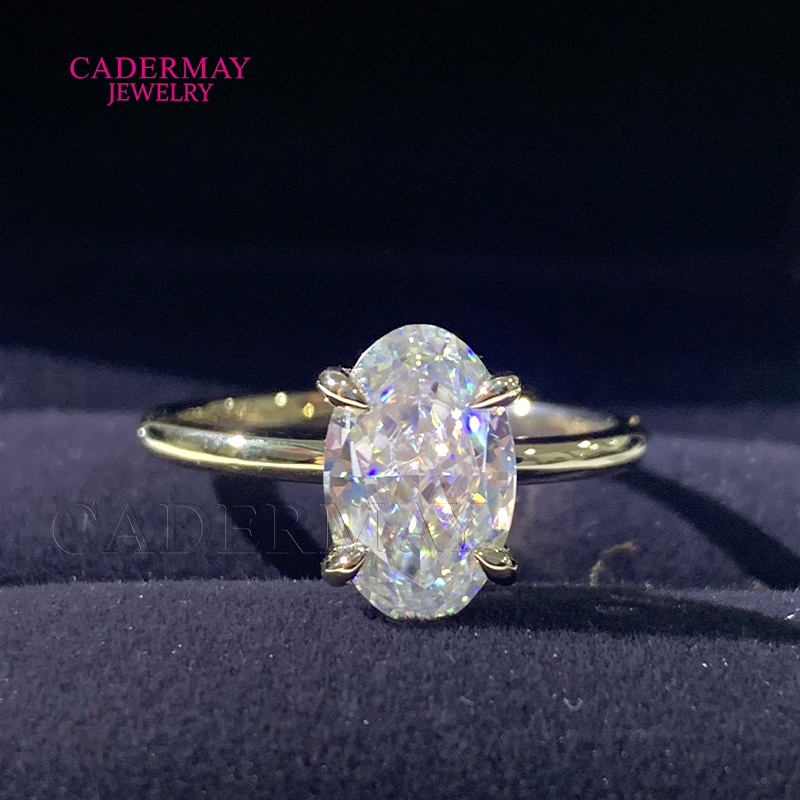 Cadermay Fashion Simple 14K Solid Yellow Gold D VVS Crushed-Ice Oval Shape Moissanite Solitaire Ring Moissanite 14K Ring Women