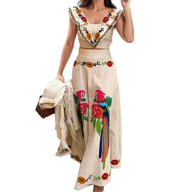 Two Piece Dress Fashion Flower Print Set Dr Womens Ruffle Splicing Slvel Crop Top High Waist Maxii Leather Jacket Womens 2-piece Set Y250315449F