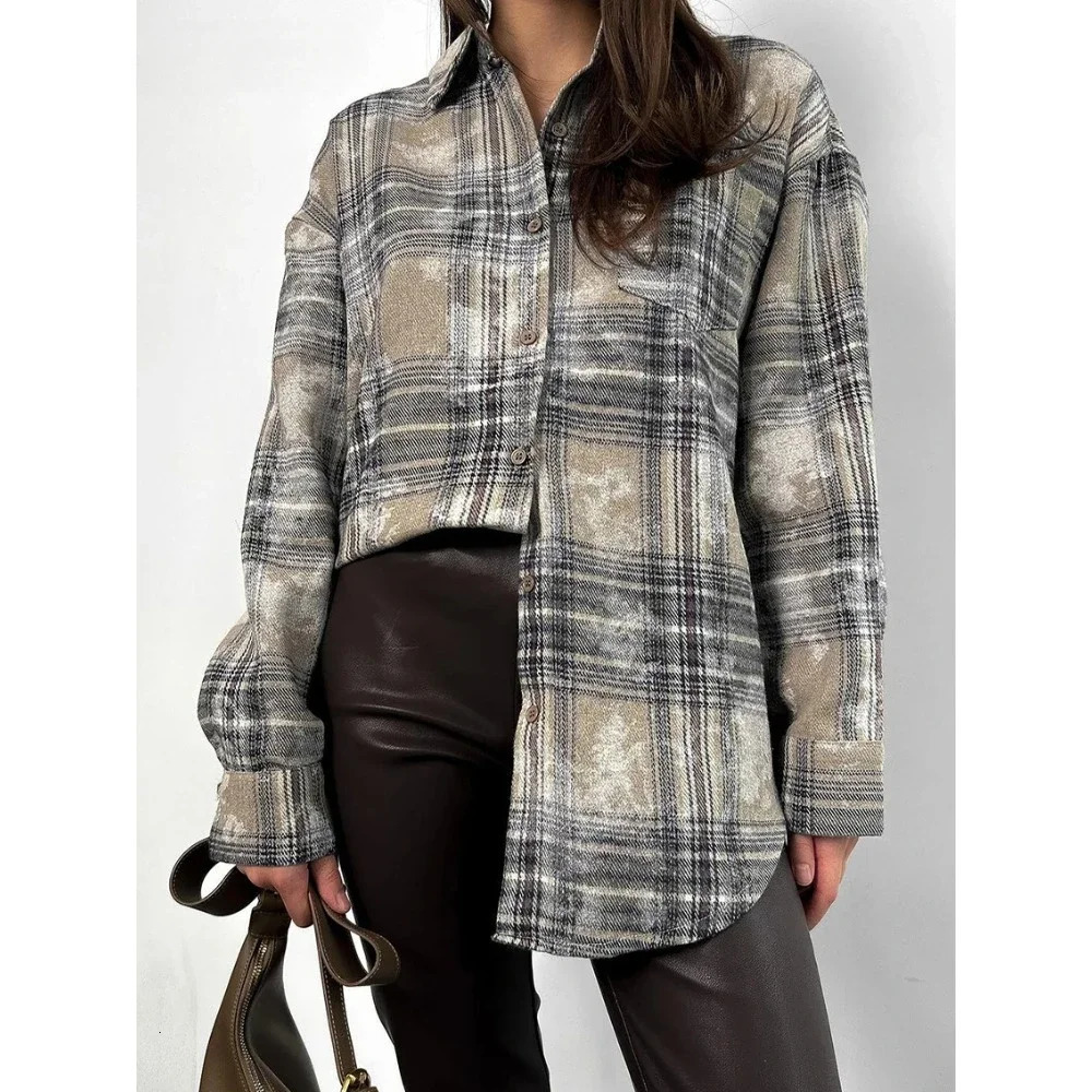 Zekye Spring Womens Shirt Distressed Plaid Blouses Grey Casual Cotton Long Sleeve Blouses Office Womens Loose Shirt Y2k 250314