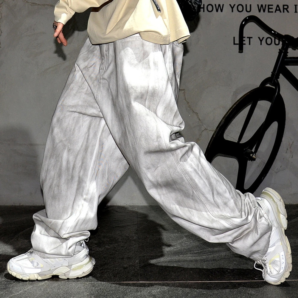American streetwear hip-hop dirty white pocket jeans Korean fashion denim cargo pants for men Y2K K-pop skateboarding Trousers for men 250314