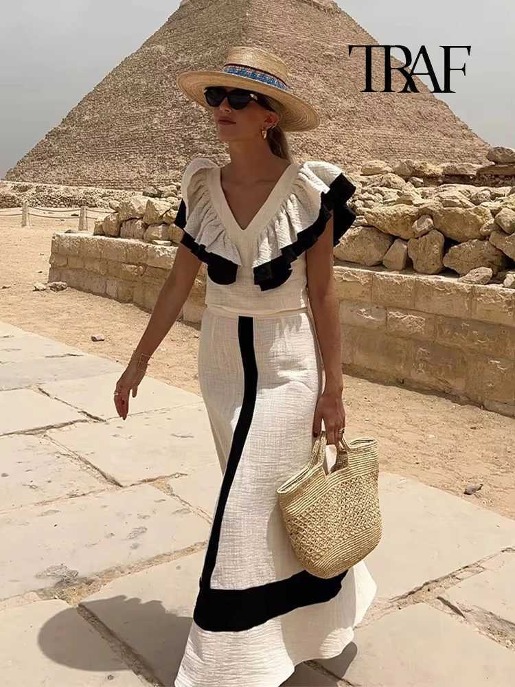 Two Piece Dress Traf Womens Fashion Elegant Comparison Ruffle Grass Set Summer V-neck Sexy Back High Waist Chinese Half body Skiing Set Y250315T4FY