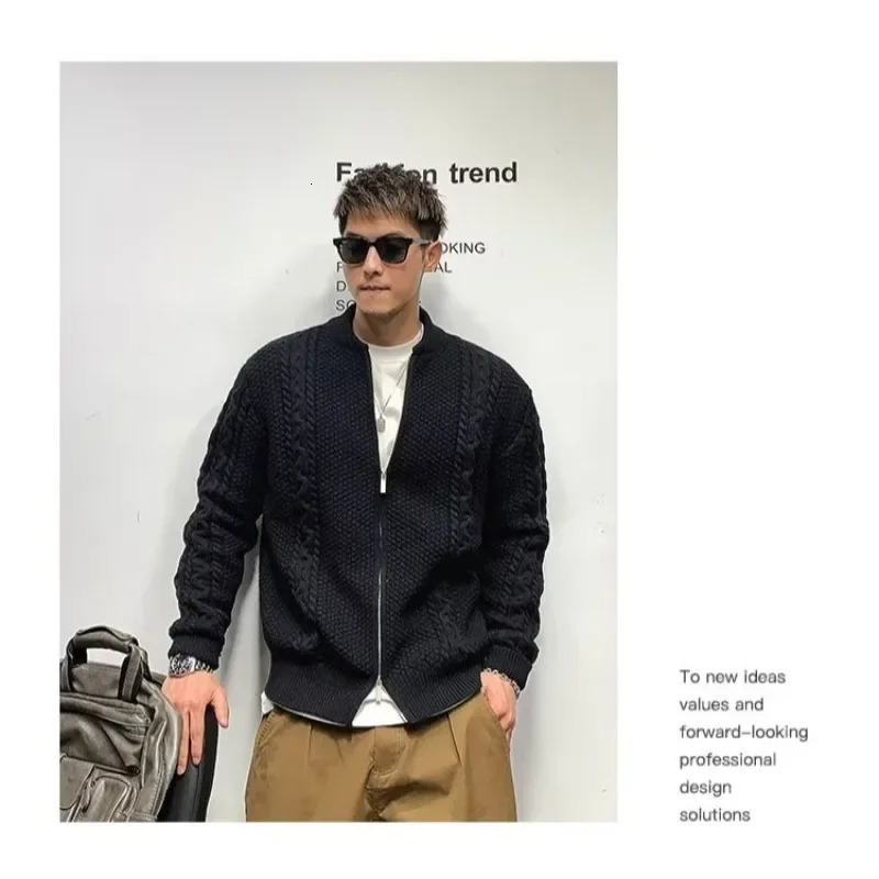 Mens knitted sweater cardigan motorcycle mens coat zipper jacket hooded sweatshirt Korean fashion 90s retro style S 250311