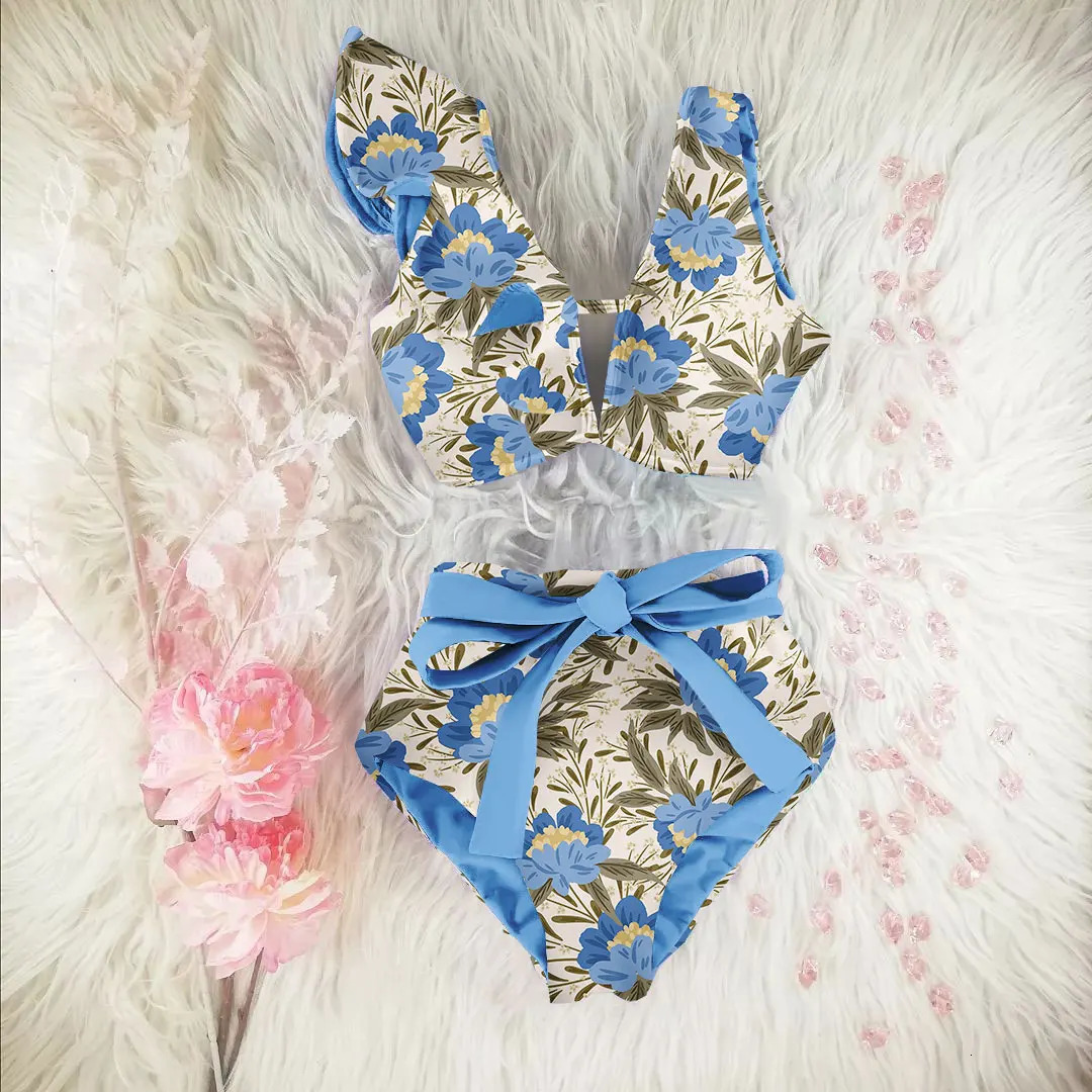 Bikini Floral Ruffle Bikini Set Womens V-neck High Waist Two Piece Swimsuit Womens Beach Swimsuit 250314