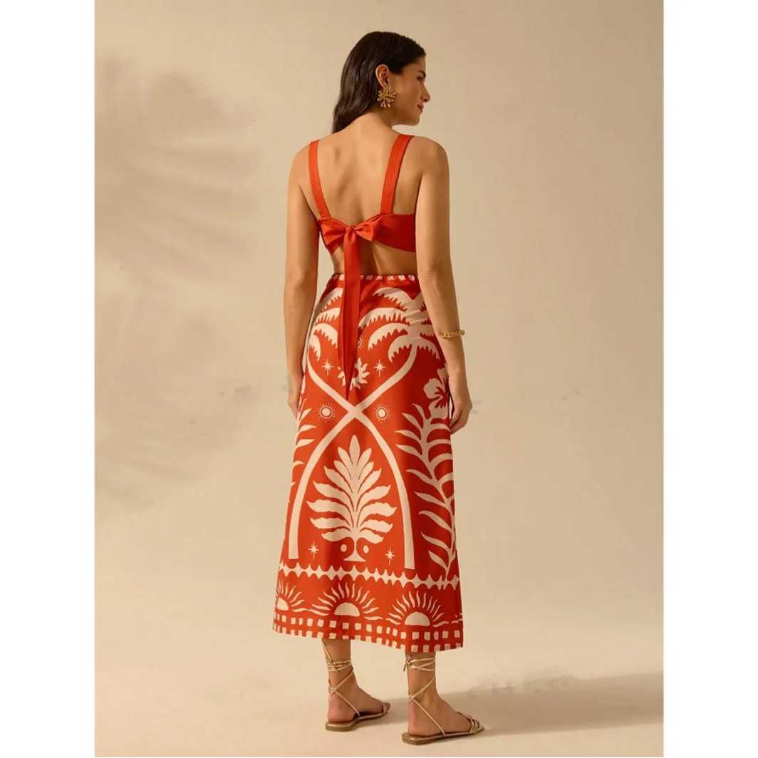 Two Piece Dress 2015 European and American Summer Vacation Coconut Tr Printed Short Strip Top and Fit Extra Long Leather Cover Y2503154HPX