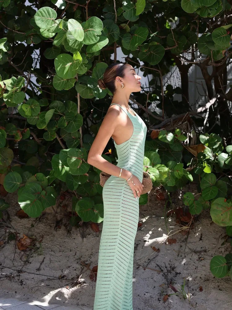 2025 Womens Hollow Perspective Slim Fit Long Dress Sexy Halter Ring Solid Sleeveless Vestidos Chic Summer Backless Beach Gown250312