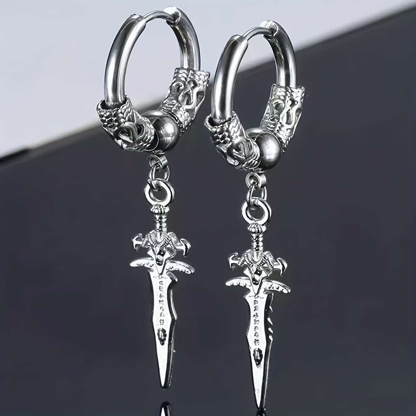 2025 New model 2pcs Stainless Steel Dragon Coil Sword Pendant Drop Hoop Earrings Unique Punk Hip Hop Style for Men Women Daily Wear Jewelry