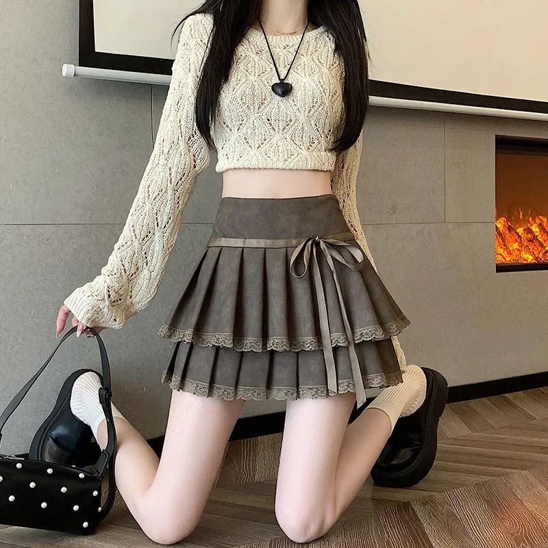 Bow mini dress 2024 womens high waist weight loss Aline leather texture autumn and winter seasonal clothing 250312