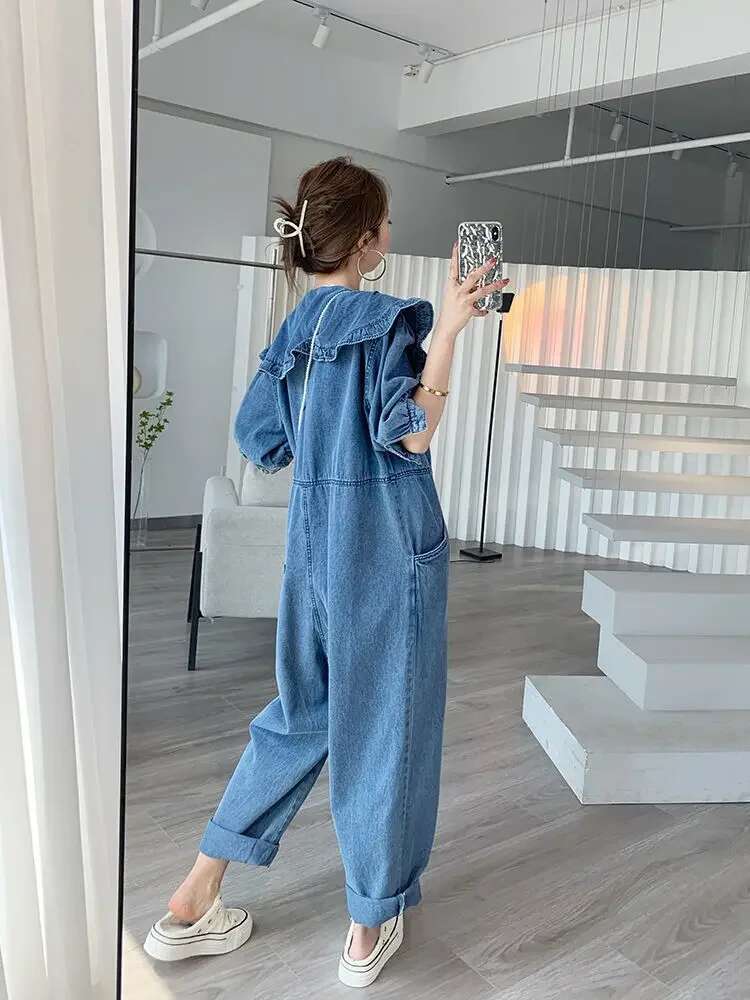 2025 new denim jumpsuit designer fashion doll collar solid color full-length high waisted loose fitting women's jumpsuit4