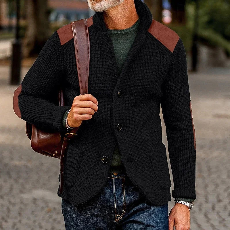 Vintage Patchwork Stand Collar Knitted Jackets Men Spring Casual Button Sweater Cardigan Mens Fashion Slim Knitting 250311