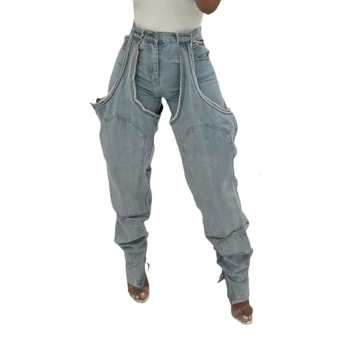 Jeans Women Hollow Out Straight Pants High Strecth Zipper Fly Irregular Ankle Length Trousers Female Streetwear Denims 250314