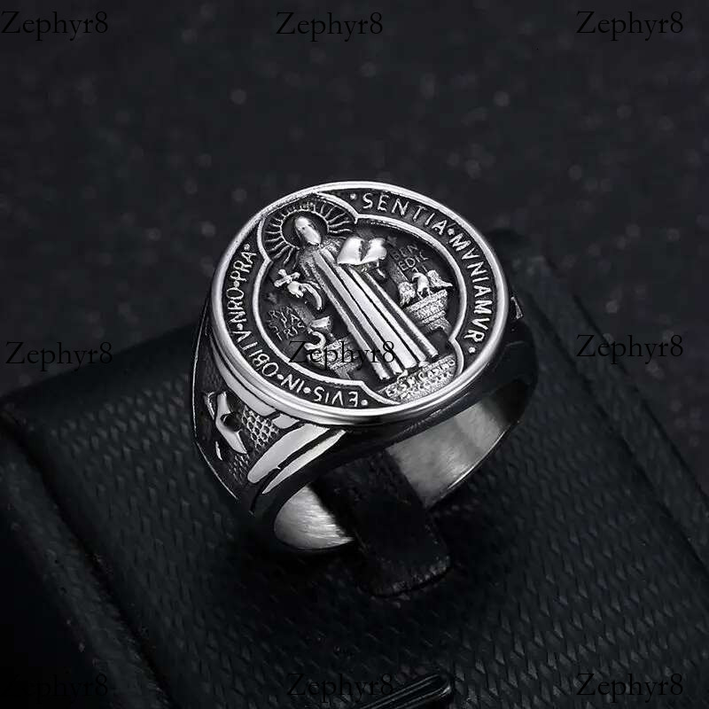 2025 New model Titanium Steel Catholic Patron Saint St Benedict of Nursia Holy Medal Cross Round Finger Rings for Men Punk Jewelry