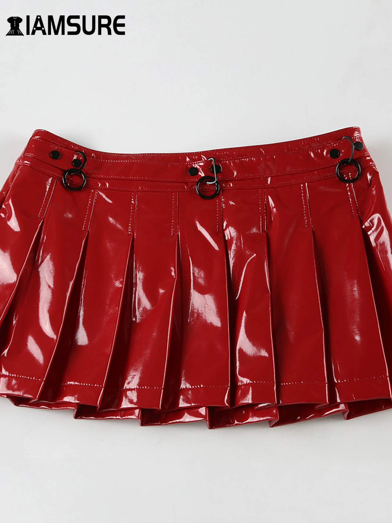 IAMSURE Dark Pu Leather ALine Pleated Skirts Gothic MidWaisted Mini Skirt 2024 Autumn Spring Fashion Streetwear Lady 250312