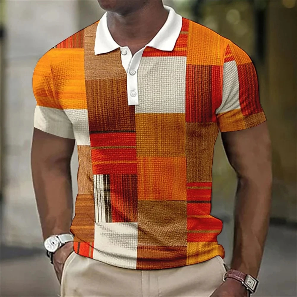 Mens Polo Shirt Striped Plaid Print Vintage 3D Summer Button Down Collar Casual Short Sleeve Oversized Tops Clothes 250312