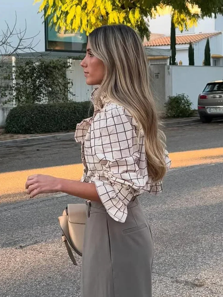 Fashion Contrasting Plaid Single-breasted Womans Shirt Casual Stand Collar Flare Long Sleeve Blouse Lady Office Streetwear 250314