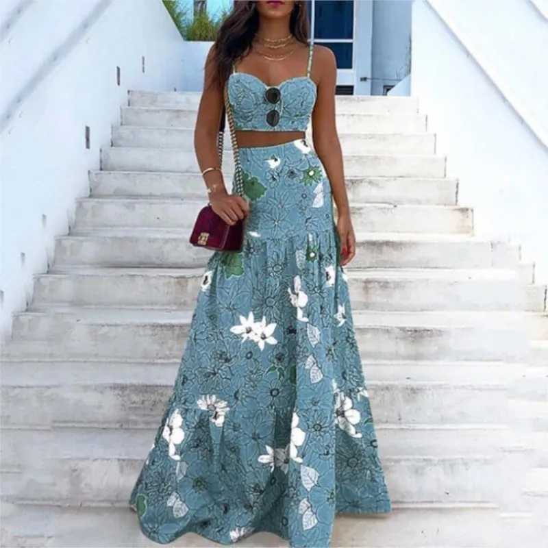 Two Piece Dress 2-piece/set beach crop top Skirt set with colorful printed spaghetti shoulder straps and floor length Slvel womens tank top Skirt set 