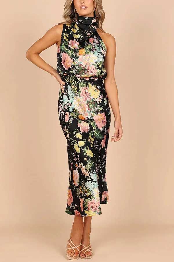 Two Piece Dress Satin print womens long dress Slvel Halter collar A-line party Dr fashion elegant night party club Vestidos Y250315CYML