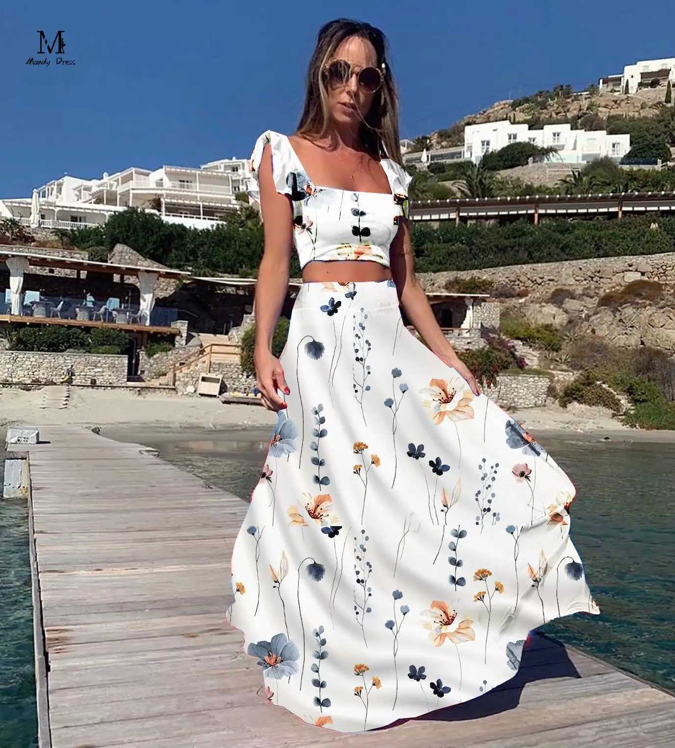 Two Piece Dress Elegant womens two-piece skiing set with floral print vest ultra-thin suitable for beach wear summer casual bohemian style 2-piece set