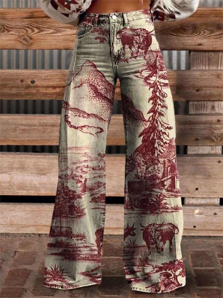 2025 new women's long length designer fashionable digital printed imitation denim thin fabric color blocked wide leg pants4