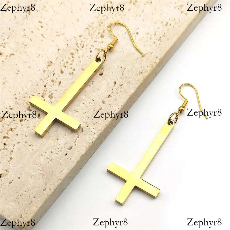 2025 New model Stainless Steel Gothic Upside Down Drop Earrings Punk Inverted Cross Earring Goth Jewelry Pendientes Mujer E8374S06