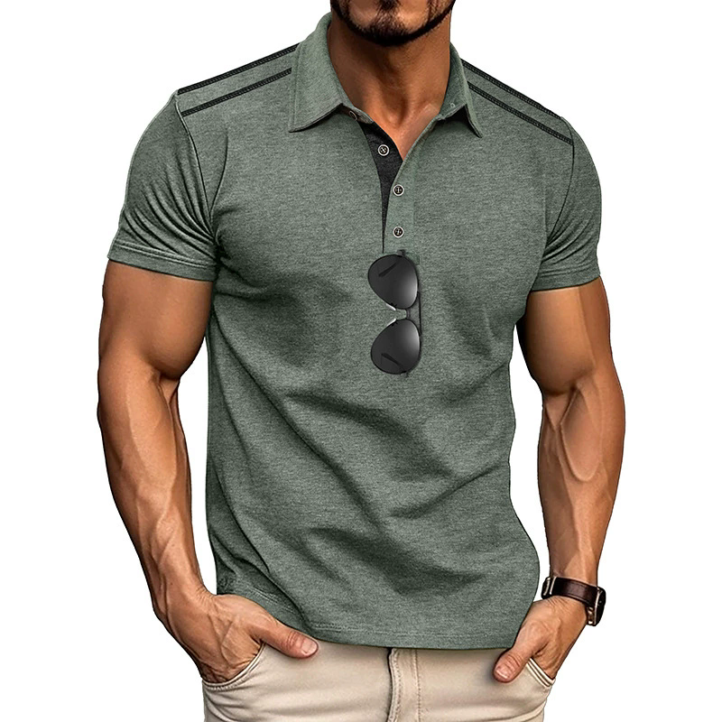 Summer T-Shirts Men's Short-sleeved Lapel Button Retro Color Matching Shirt Tshirt Shirt MALE Polyester Tops Tees Light Grey Light Blue XXXL