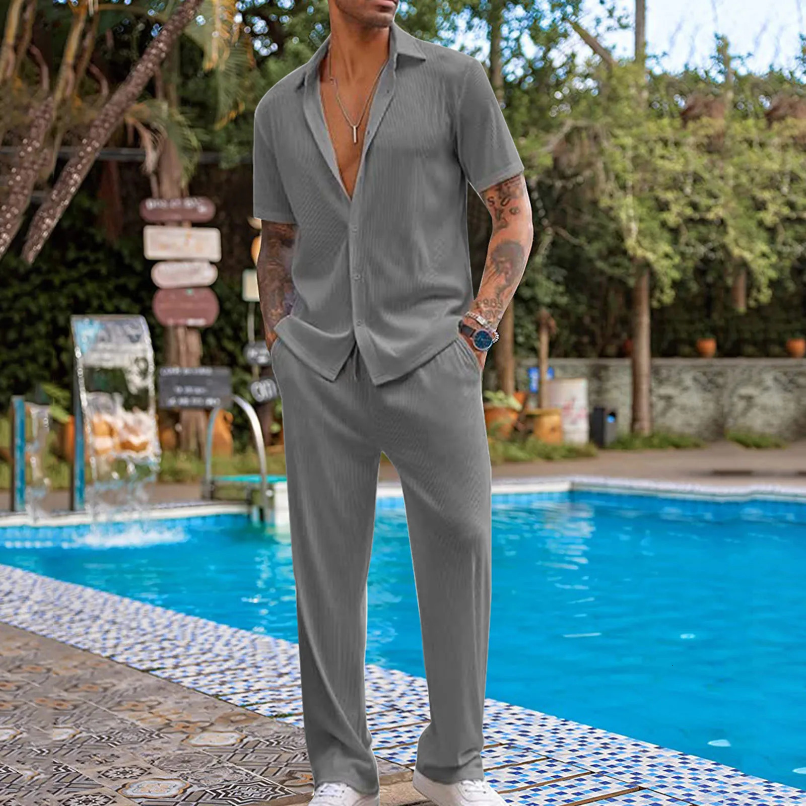 Loose casual suit mens two-piece solid color short sleeved shirt long pants Spring and Autumn fashion casual clothing 250314