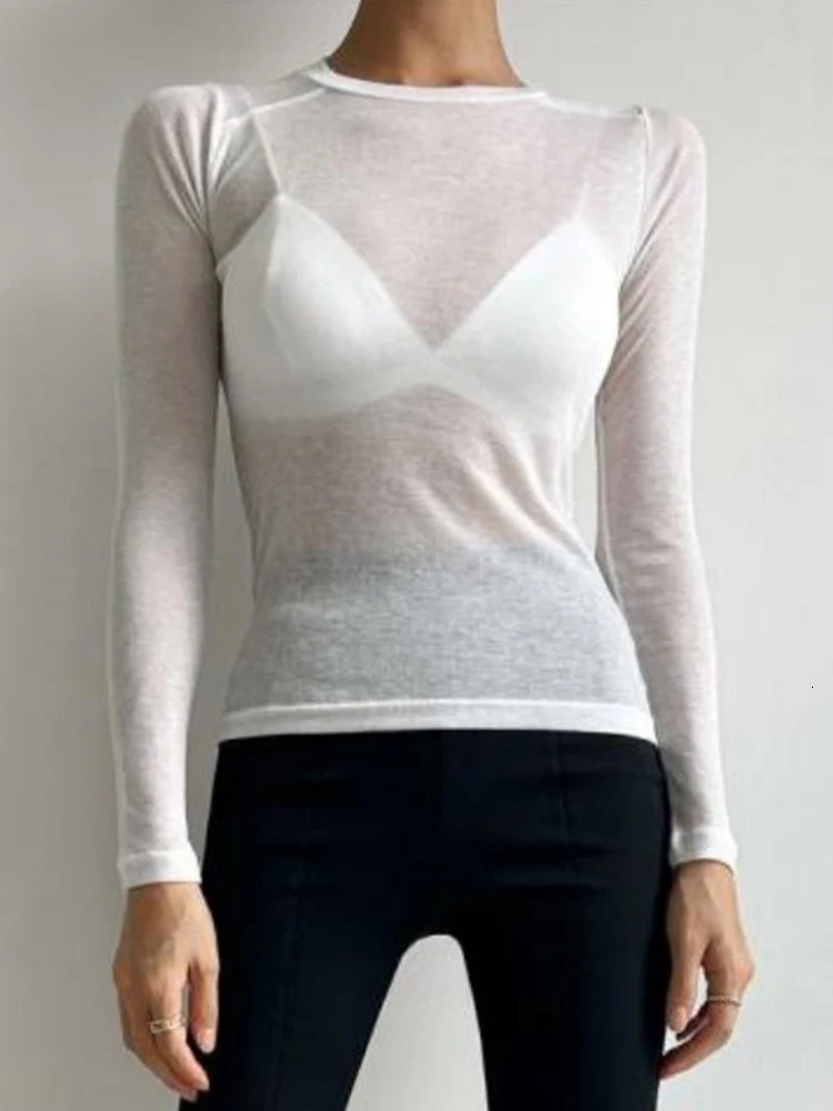 Sexy Shirt Women T-Shirt Korean Style Slim Basic Elasticity Tshirt Top Womens Clothing T Shirt Thin T-shirt see through 250314