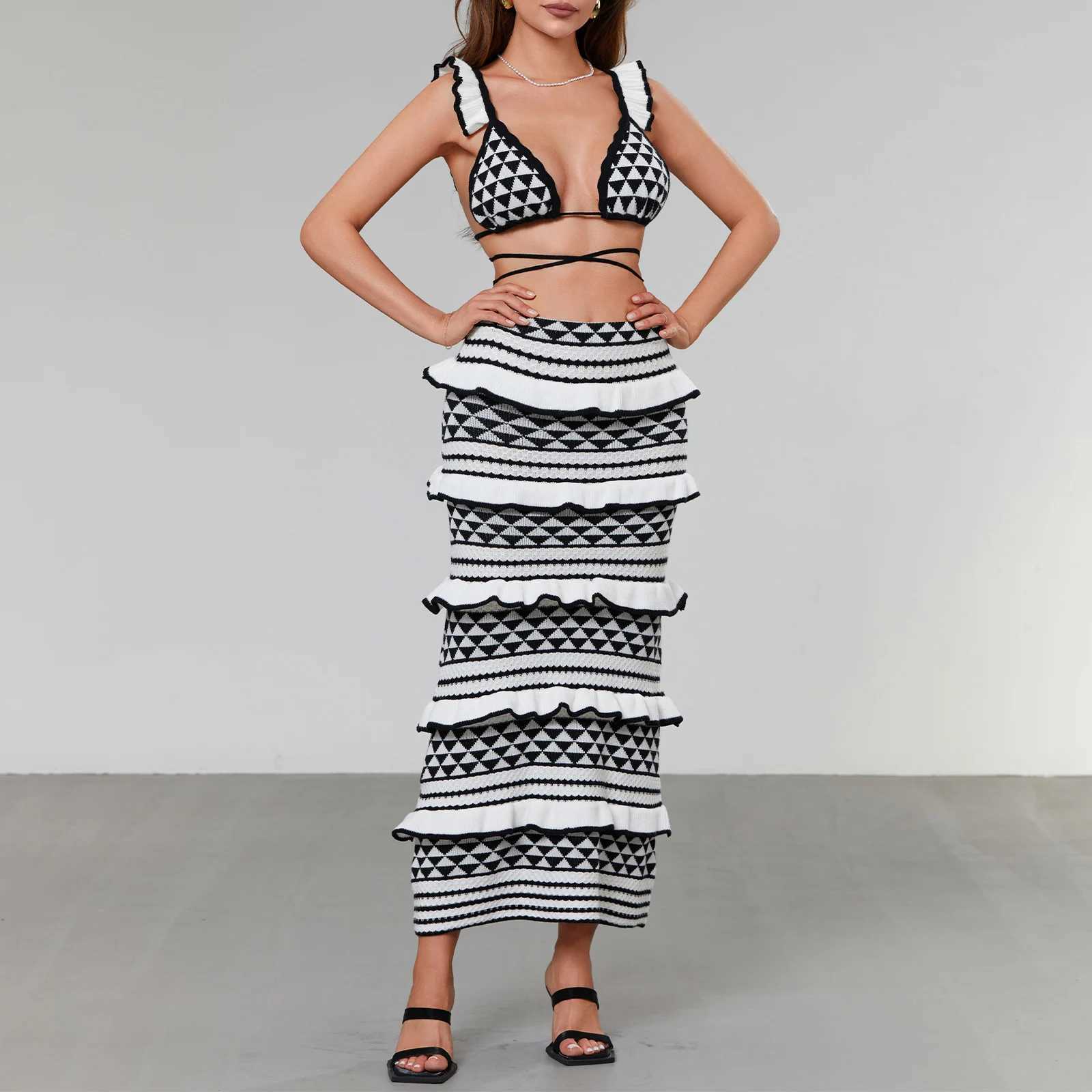 Two Piece Dress Meihuida Hot Womens Sexy Y2k Knitted Summer Set Tie Waist Vest Bra and Elastic Laminated Ruffle Tight Clothes Y250315IV11