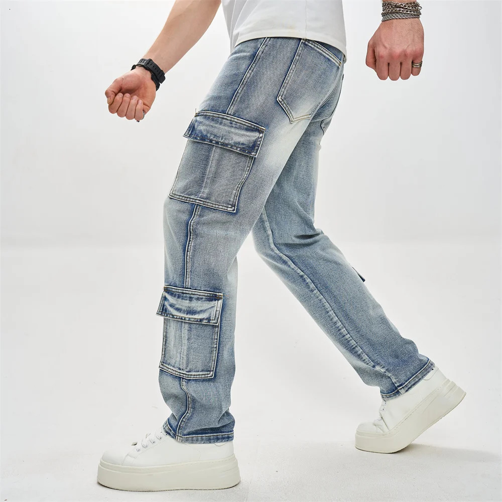 Stylish Multiple pockets Men Loose Cargo Jeans Trousers Motorcycle Male Solid Carpenter Casual Straight Denim Pants 250312