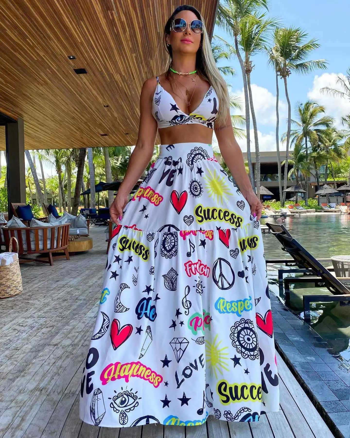 Two Piece Dress Dress For Women 2025 Printed Two-piece Elegant And Pretty Womens Dress Drawstring Halterneck Lacing Summer Long Dr Y250315LWDY