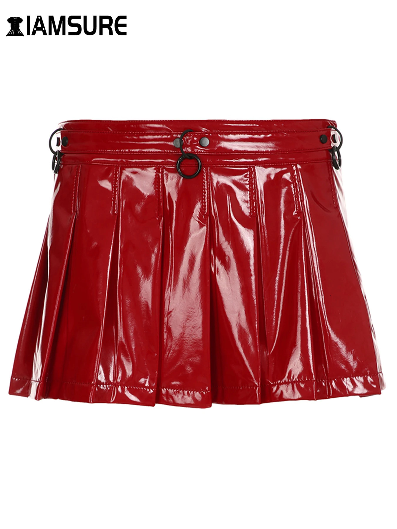 IAMSURE Dark Pu Leather ALine Pleated Skirts Gothic MidWaisted Mini Skirt 2024 Autumn Spring Fashion Streetwear Lady 250312
