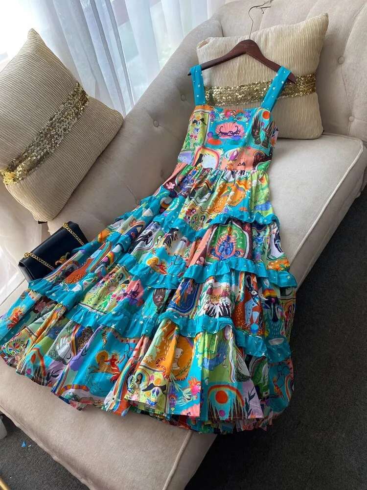 2025 New Fashionable Holiday Layered Ruffle Cake Skirt Designer Fashionable Women's Spaghetti Strap Cartoon Printed Holiday Party Tank Top4