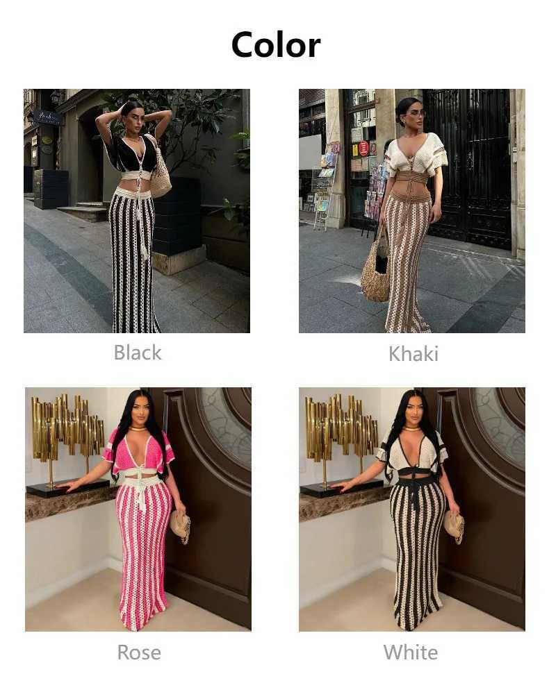 Two Piece Dress 2025 New Summer Vacation Outfits Striped Knitted Dr Sets Hollow Out Long Skirts With V-Neck Short Slve Crop Tops for Women Y2503156QVU