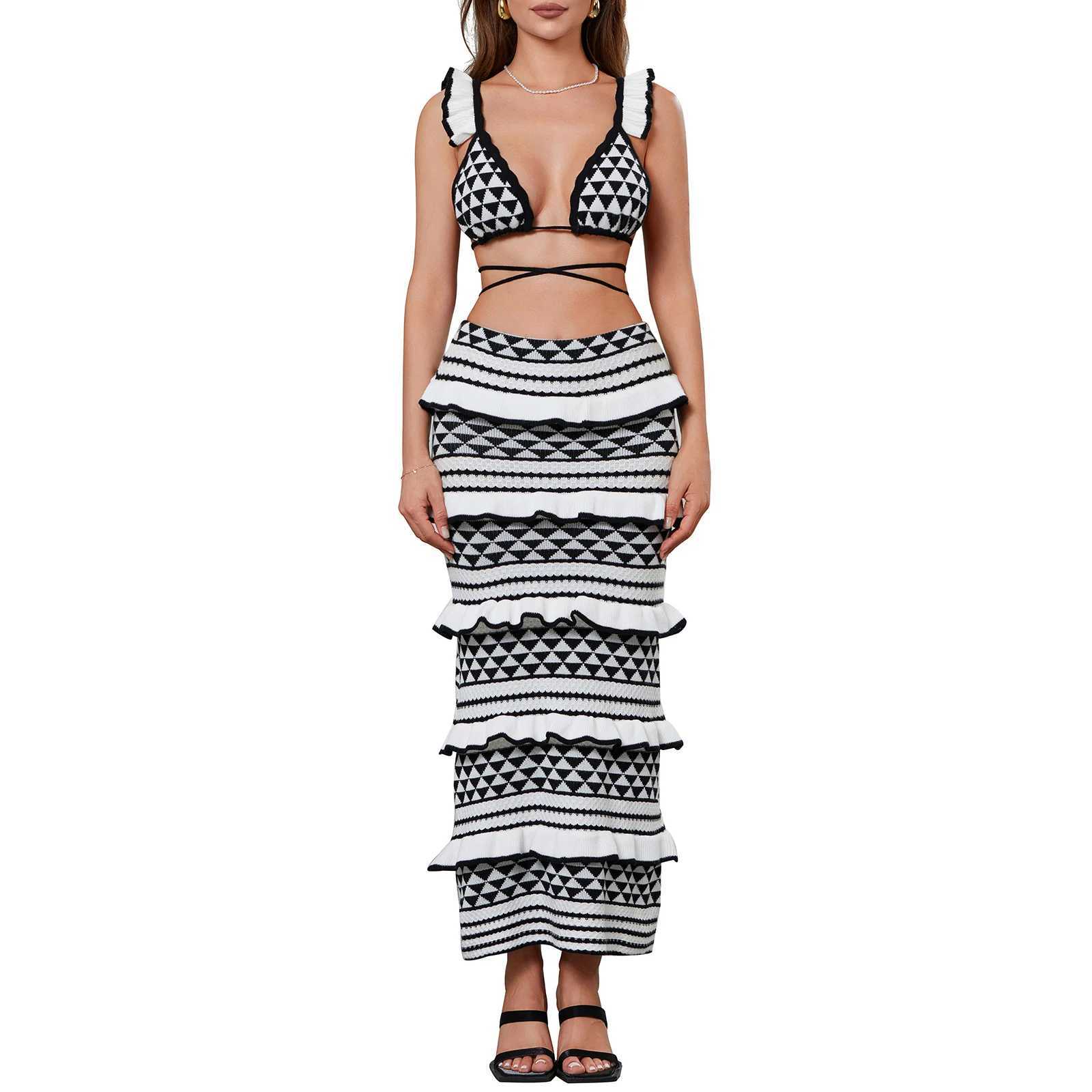 Two Piece Dress Meihuida Hot Womens Sexy Y2k Knitted Summer Set Tie Waist Vest Bra and Elastic Laminated Ruffle Tight Clothes Y250315IV11