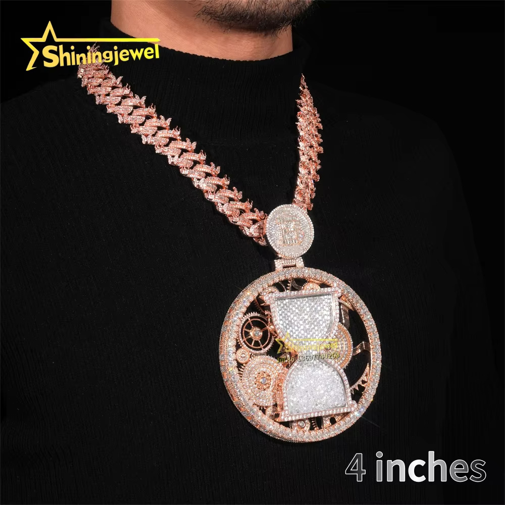 Custom Jewelry Maker Luxury Baguette Moissanite Spinning Pendant Hourglass Hip Hop Jewelry Rock Custom Moissanite Pendant