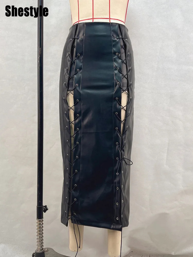 Shestyle Lace Up Bandage Hollow Out Long Skirt Women Slit PU Leather Sexy Pencil High Waist 2025 Spring Fashion Black Bottom 250312