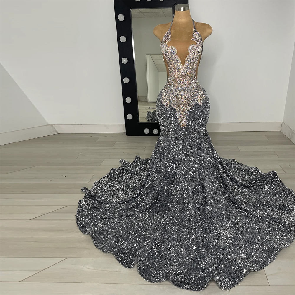 Sparkly Silver Gray Sequin Prom Dresses 2025 Rhinestone Mermaid Party Gowns For Black Girls Graduation Dress Long Customized