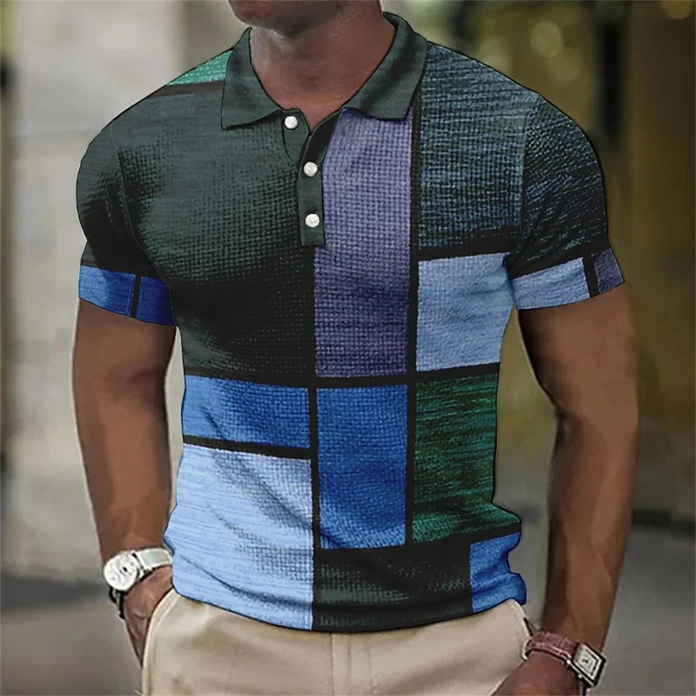 Mens Polo Shirt Striped Plaid Print Vintage 3D Summer Button Down Collar Casual Short Sleeve Oversized Tops Clothes 250312
