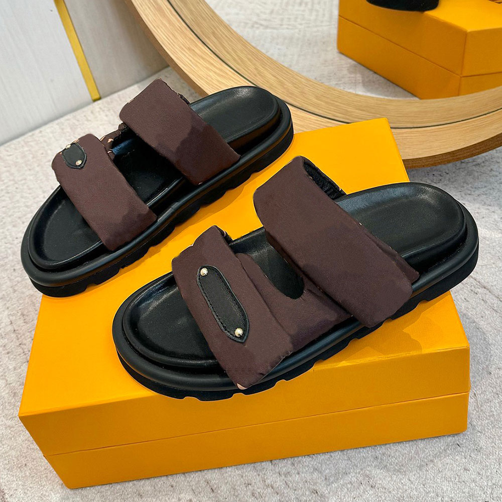 Womens Pool Pillow Flat Comfort Mule mens designer mule 1AHMDM Cacao Brown nylon Signature label Leather lining easy to wear style fashion pool pillow sandals