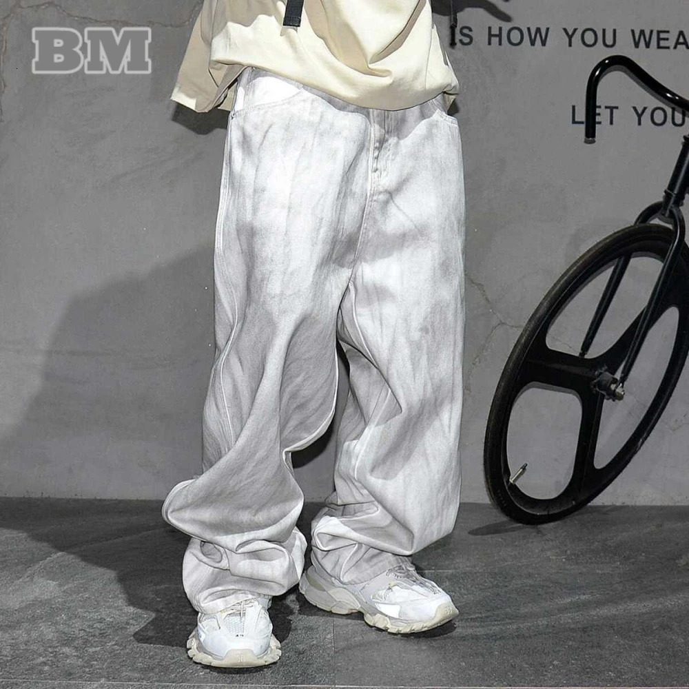 American streetwear hip-hop dirty white pocket jeans Korean fashion denim cargo pants for men Y2K K-pop skateboarding Trousers for men 250314