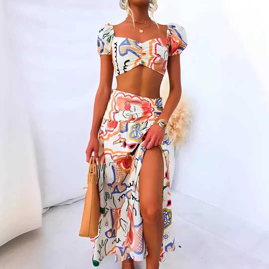 Two Piece Dress Short Top Maxi Skirts Two Pieces Sets Women Summer Loungewear Printing Patchwork Outfit 2025 Fashion Beach Style Ladies Suits Y2503158