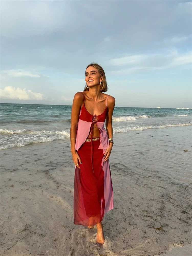 Two Piece Dress Printed Sexy Sling Vest Skirts Set Women Loose Lace Up Hollow Out Tops High Waist Long Skirt 2025 Summer New Female Beach Outfit Y2503