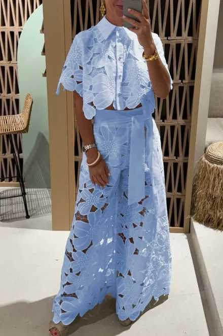 Women's Two Piece Pants Womens 2PCS lace dress embroidered retro hollow temperature set 2025 elegant button short sleeved shirt top and tie pants