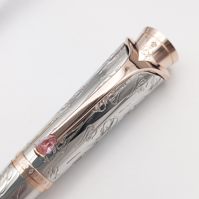 2026--wholesale Promotion Pen Grace Kelly Silver Carving Rollerball Ballpoint Pen With Teardrop Shape Diamond Stone Clip Writing Smooth Great Actress