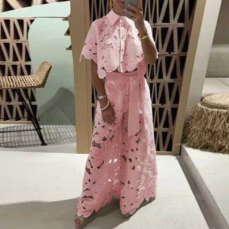 Women's Two Piece Pants Spring Embroidery Hook Flower Hollow Crochet Set Women 2 Pieces Polo-Neck Button Tops+Wide Leg Pants Outfits Sexy Lace Fa